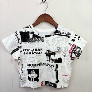 With Jean white black cropped newspaper baby t shirt tee size SM